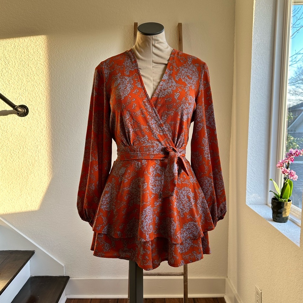 Relipop Floral Long Sleeved Wrap Front Ruffled Romper sz: Small